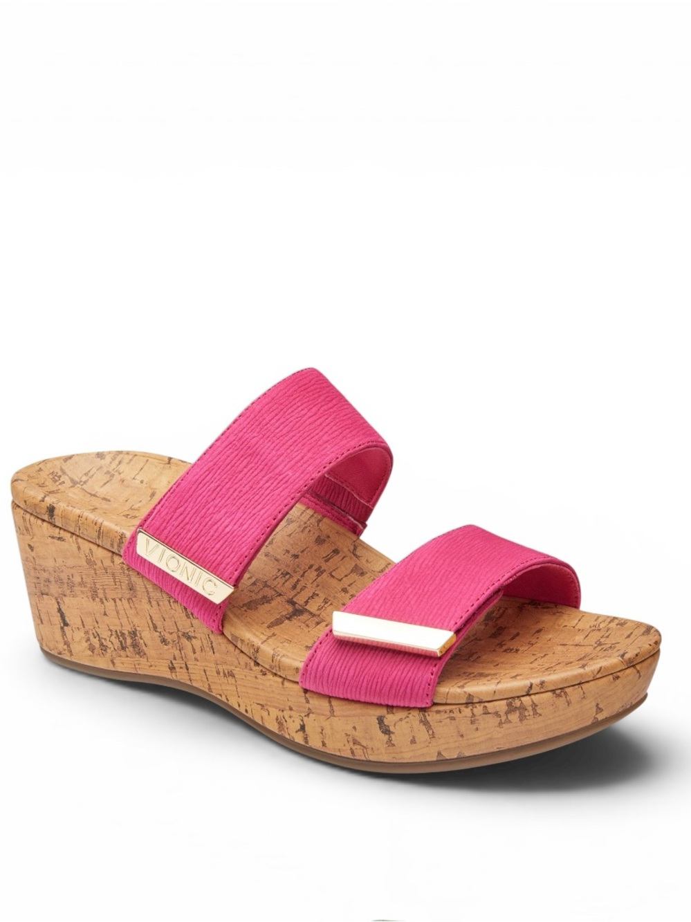 Vionic Pepper Ruched Hot Pink Wedge Sandals Velcro Closure Gold Hardware Sz 7